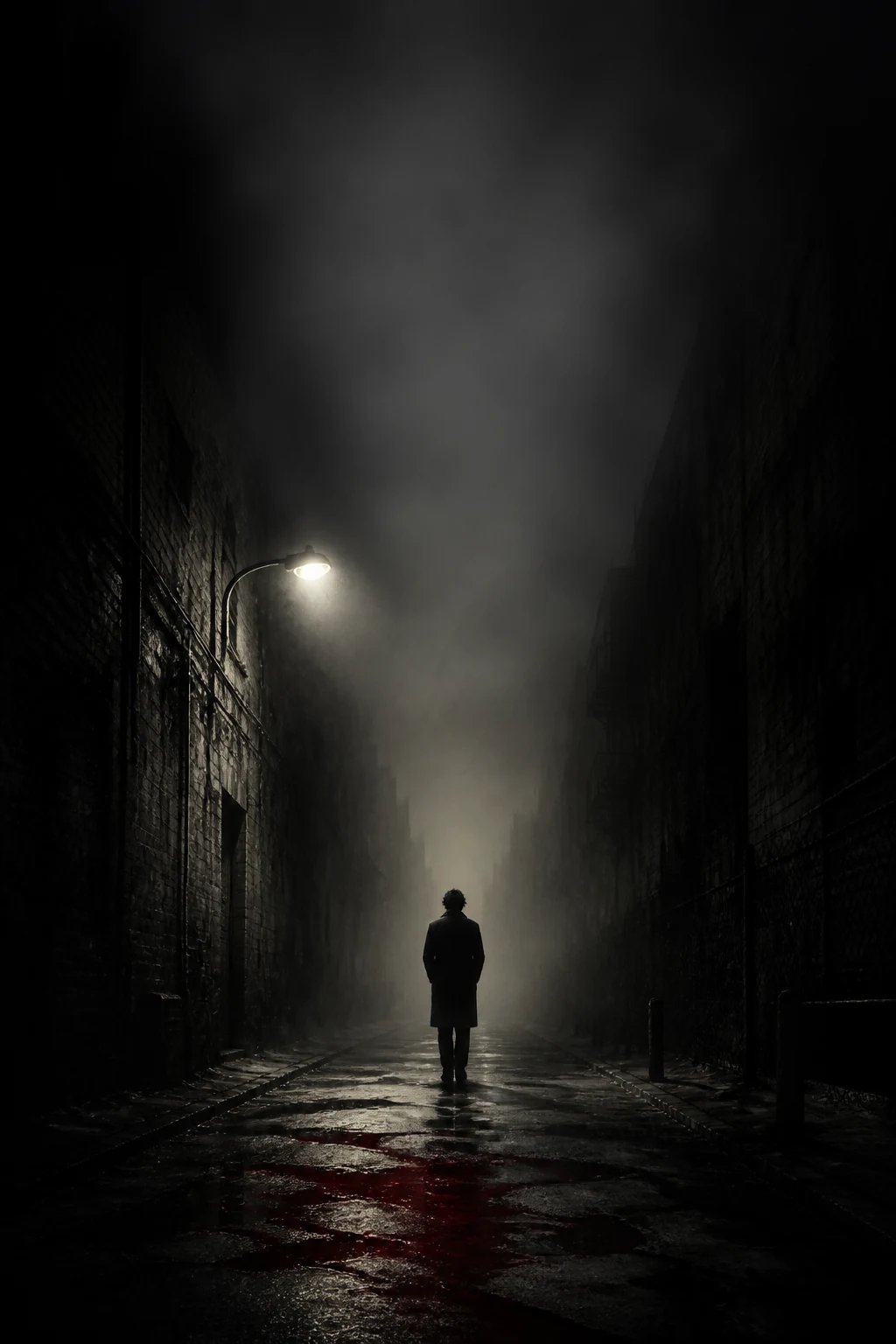 AI-generated dark thriller book cover of a figure in a fog-filled alley under one flickering streetlamp
