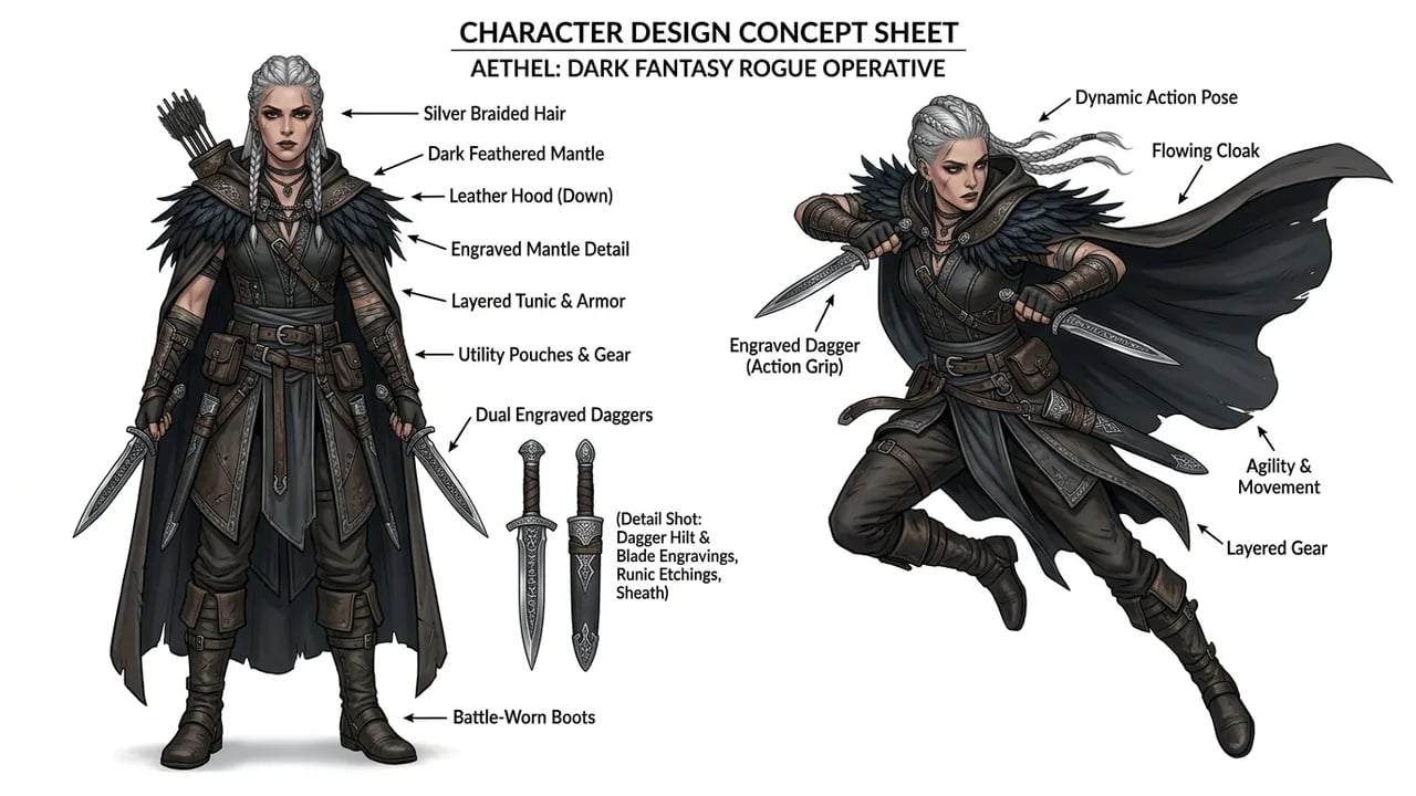 Dark fantasy rogue operative character turnaround design concept sheet with dual daggers on white background