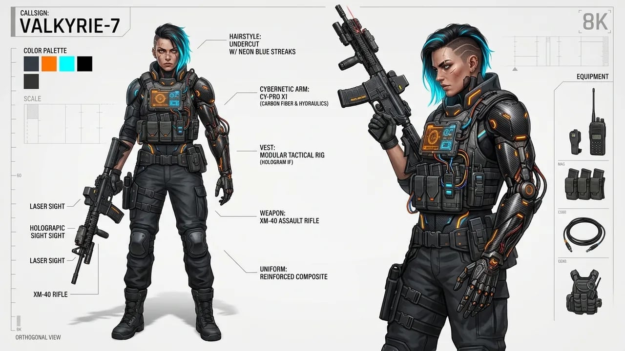 Cyberpunk tactical operative character design with mechanical cybernetic gauntlet and modular tactical rig