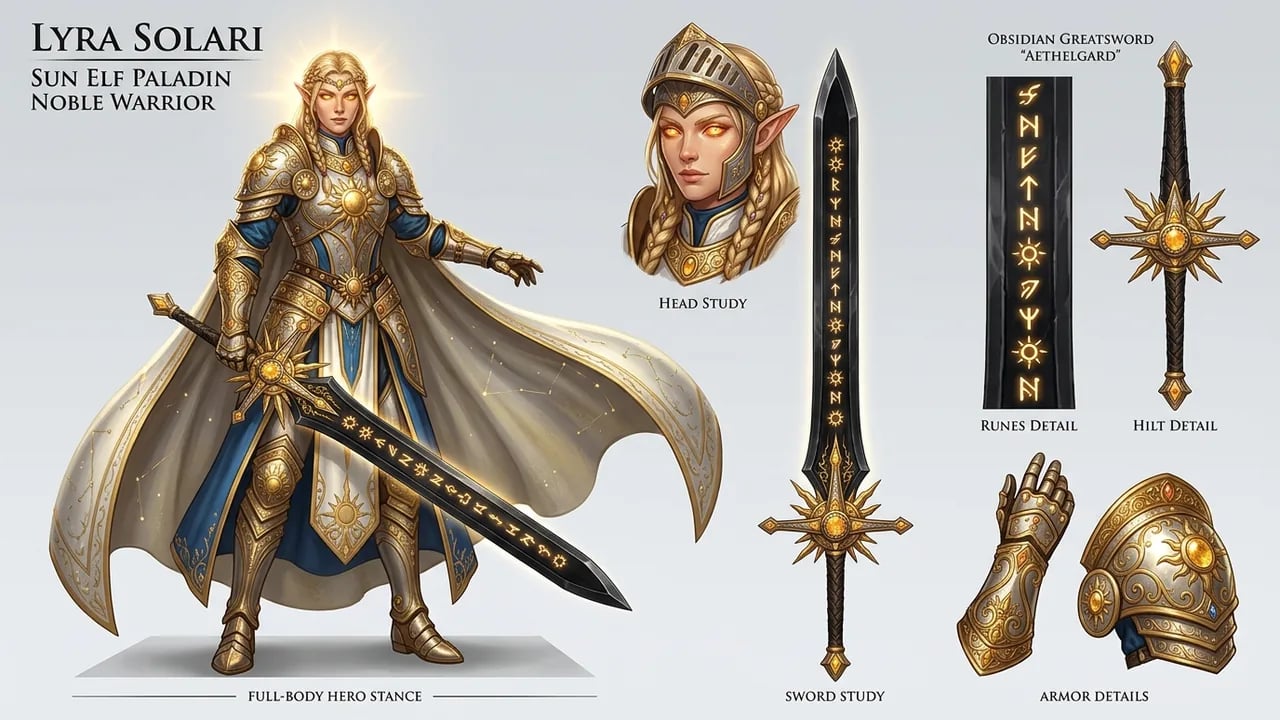Sun elf paladin noble warrior character concept design with ornate gold filigree plate armor and obsidian greatsword