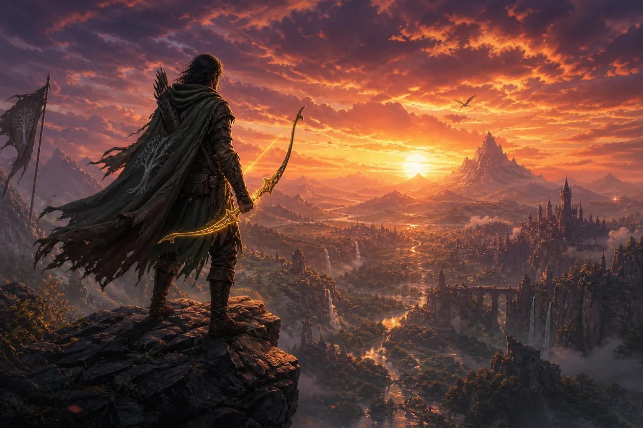 An original ranger character in an epic sunset scene, generated from a text prompt