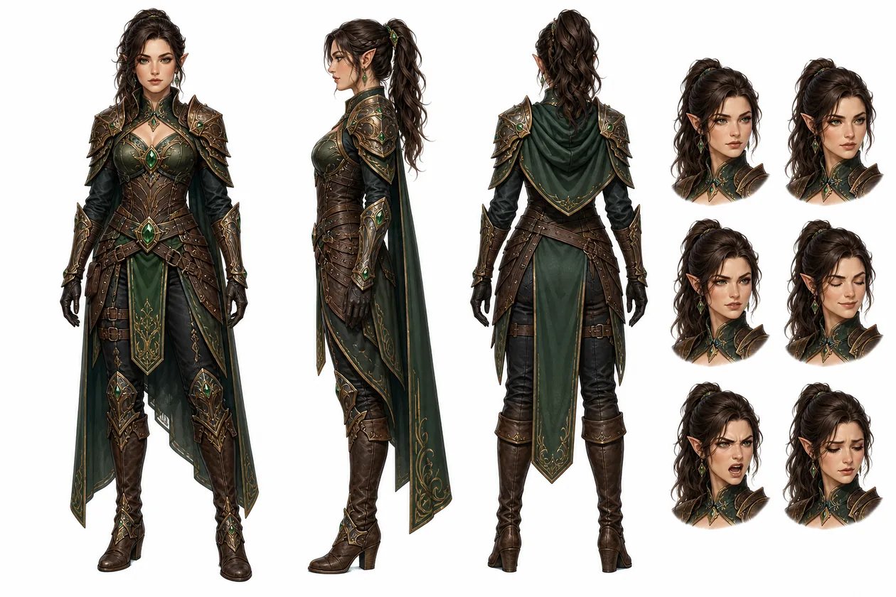 A character reference sheet with front, side and back views of one original character