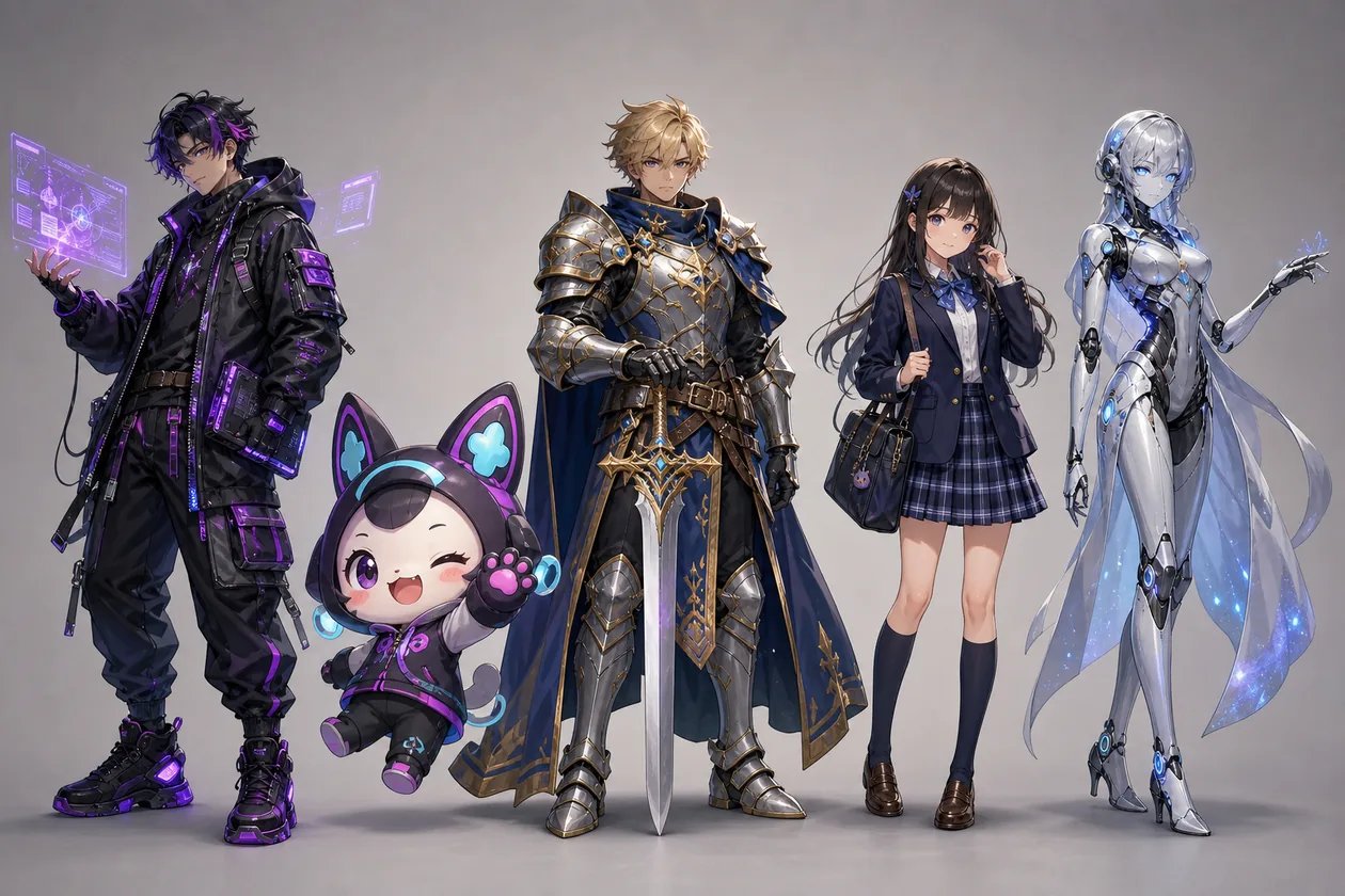 A lineup of five original characters in different art styles, made with the tool