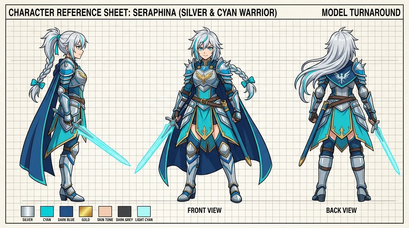 AI character sheet generator creating consistent anime turnaround model sheets
