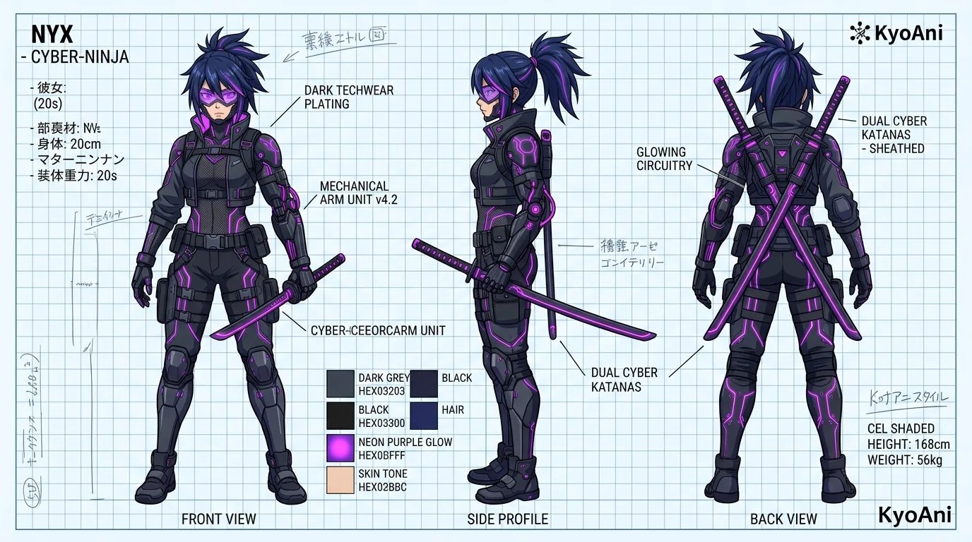Cyberpunk ninja character reference sheet showing front, side, and back views aligned on a blueprint grid