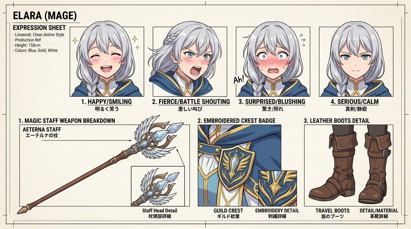 Anime mage character expression sheet featuring four facial expressions and equipment breakdowns