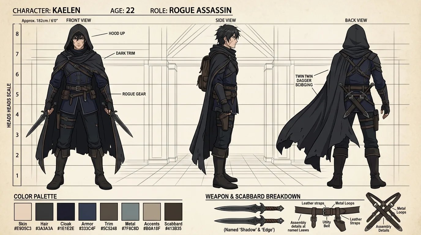 Fantasy rogue character turnaround model sheet with 8-heads anatomical height scale and color swatches