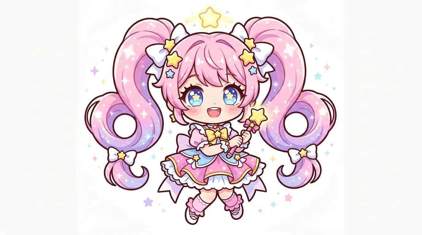 Adorable 2-head-tall anime chibi girl with pastel pink twintails, starry blue eyes, and magical star wand