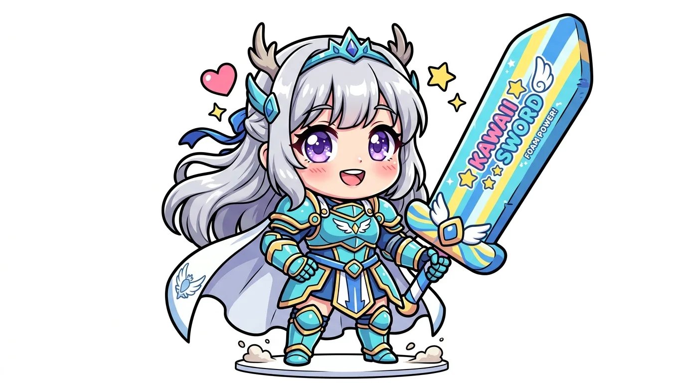 Cute female paladin knight in 2-head-tall anime chibi proportions with cyan armor and foam sword