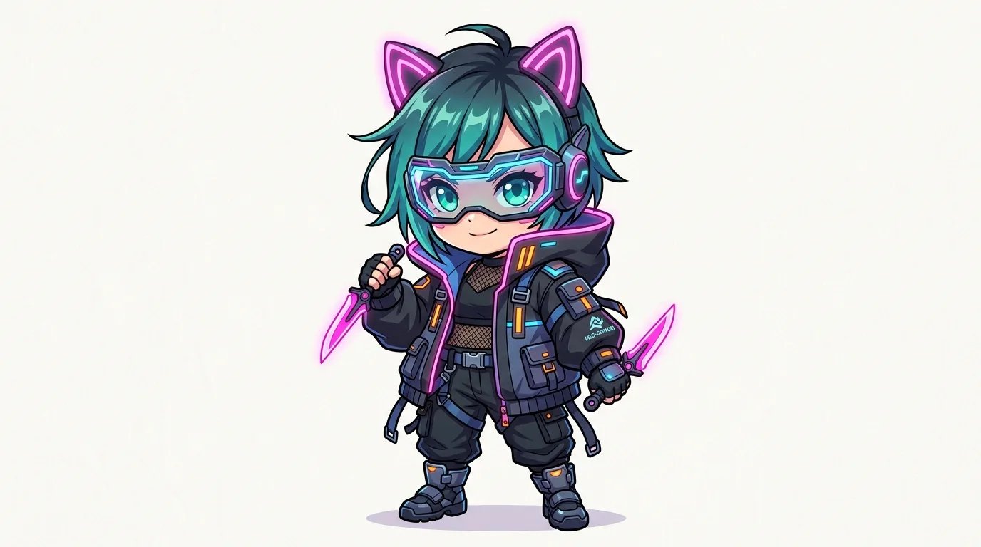 Cyberpunk anime catgirl ninja in super-deformed chibi style with neon pink ears and teal visor