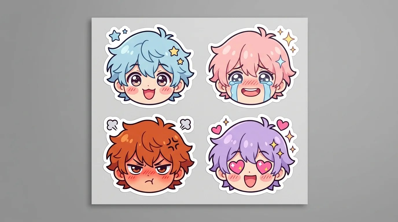 Anime chibi emotion sticker sheet with die-cut white borders displaying laughing, crying, angry, and heart eyes