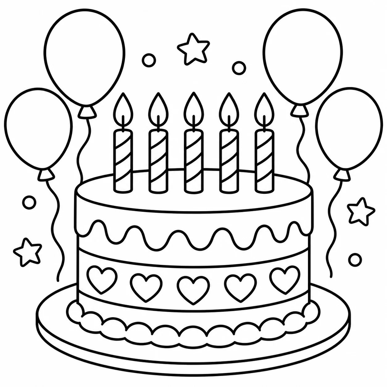 Black-and-white birthday cake coloring page generated from a text prompt