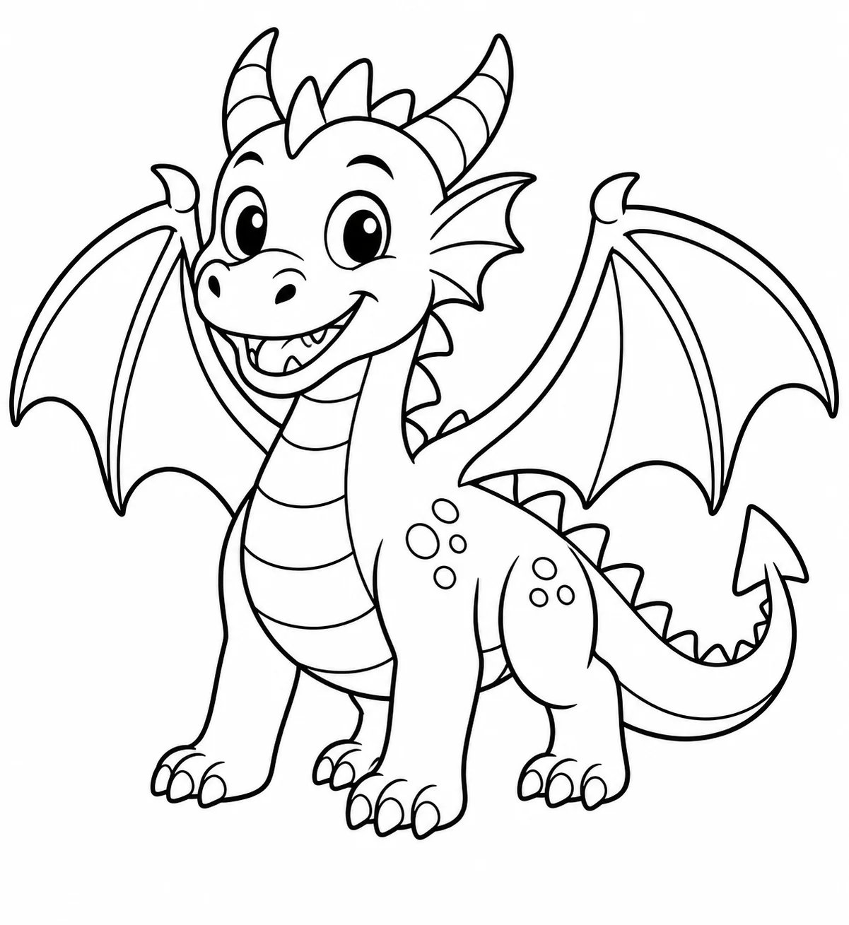 Black-and-white dragon coloring page generated from a text prompt