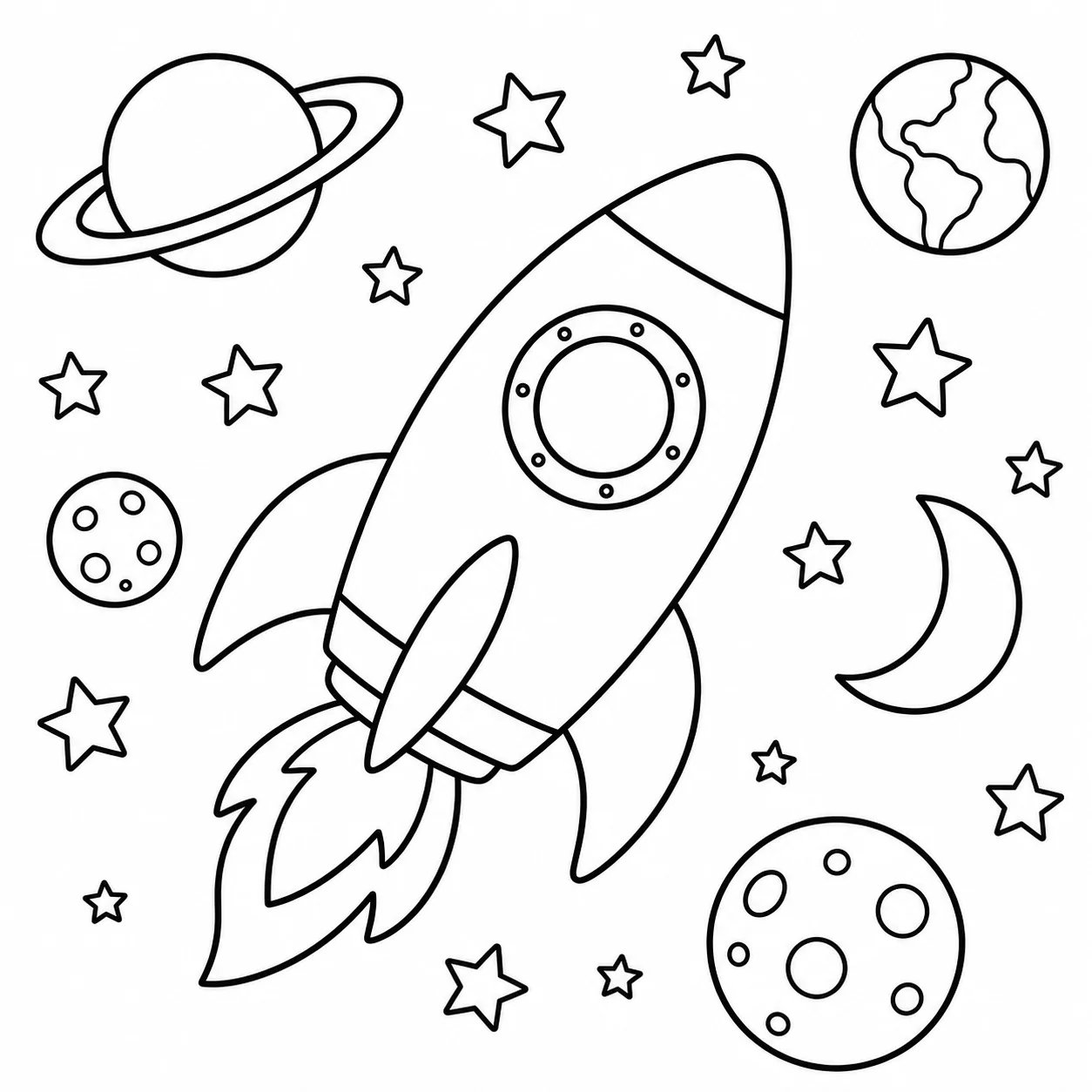 Black-and-white rocket coloring page generated from a text prompt