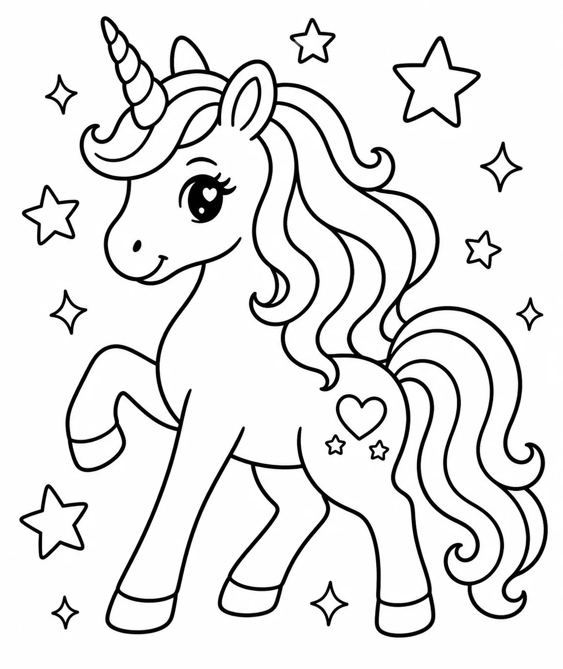 Black-and-white unicorn coloring page generated from a text prompt