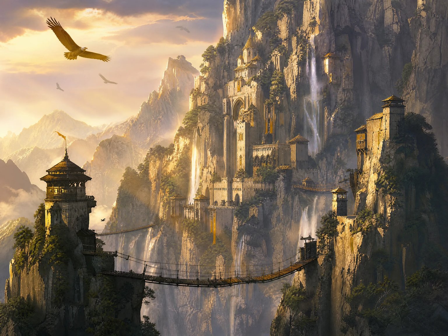 Fantasy mountain citadel concept art with waterfalls and bridges