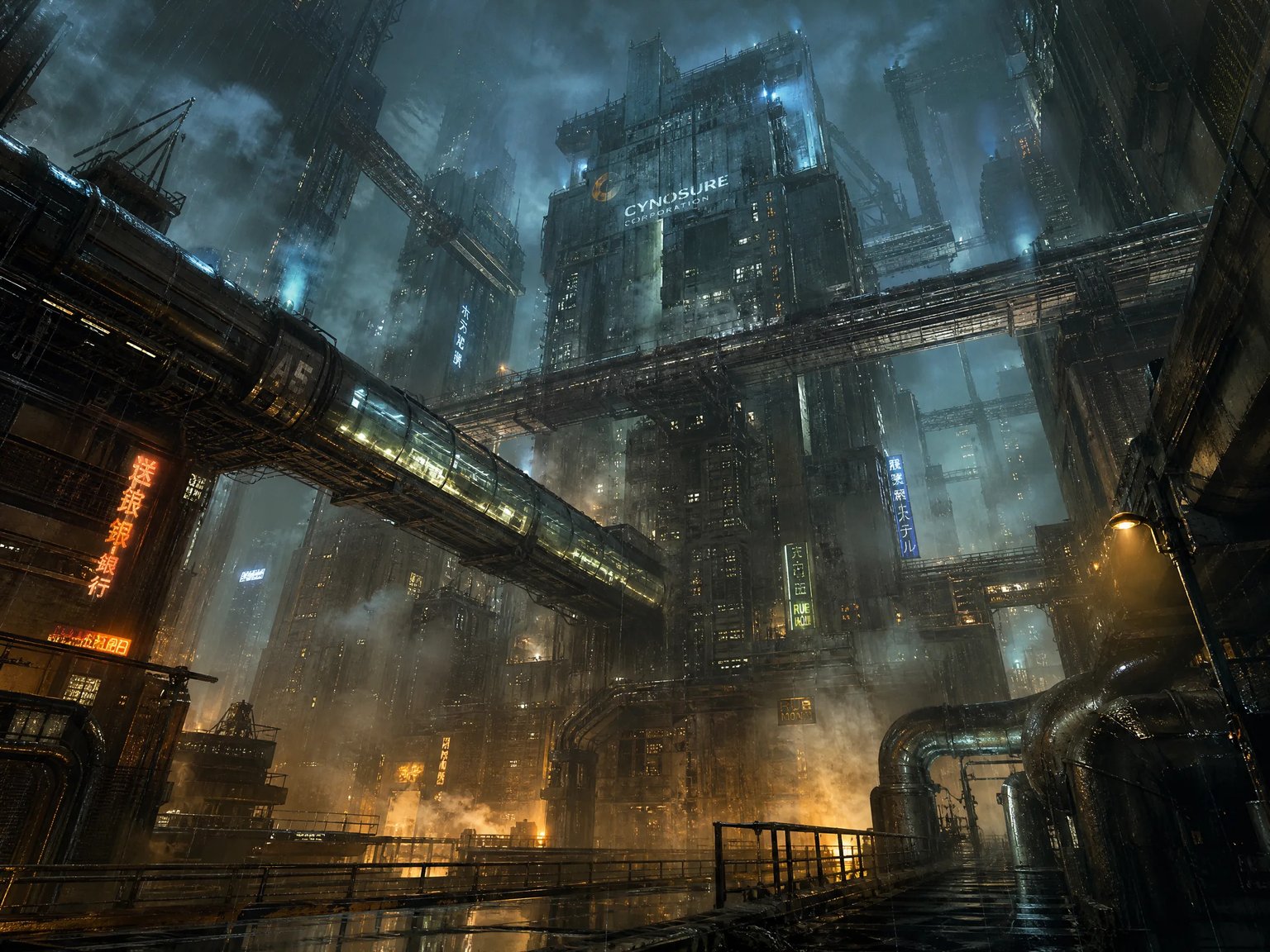 Cyberpunk industrial megatower concept art with neon reflections