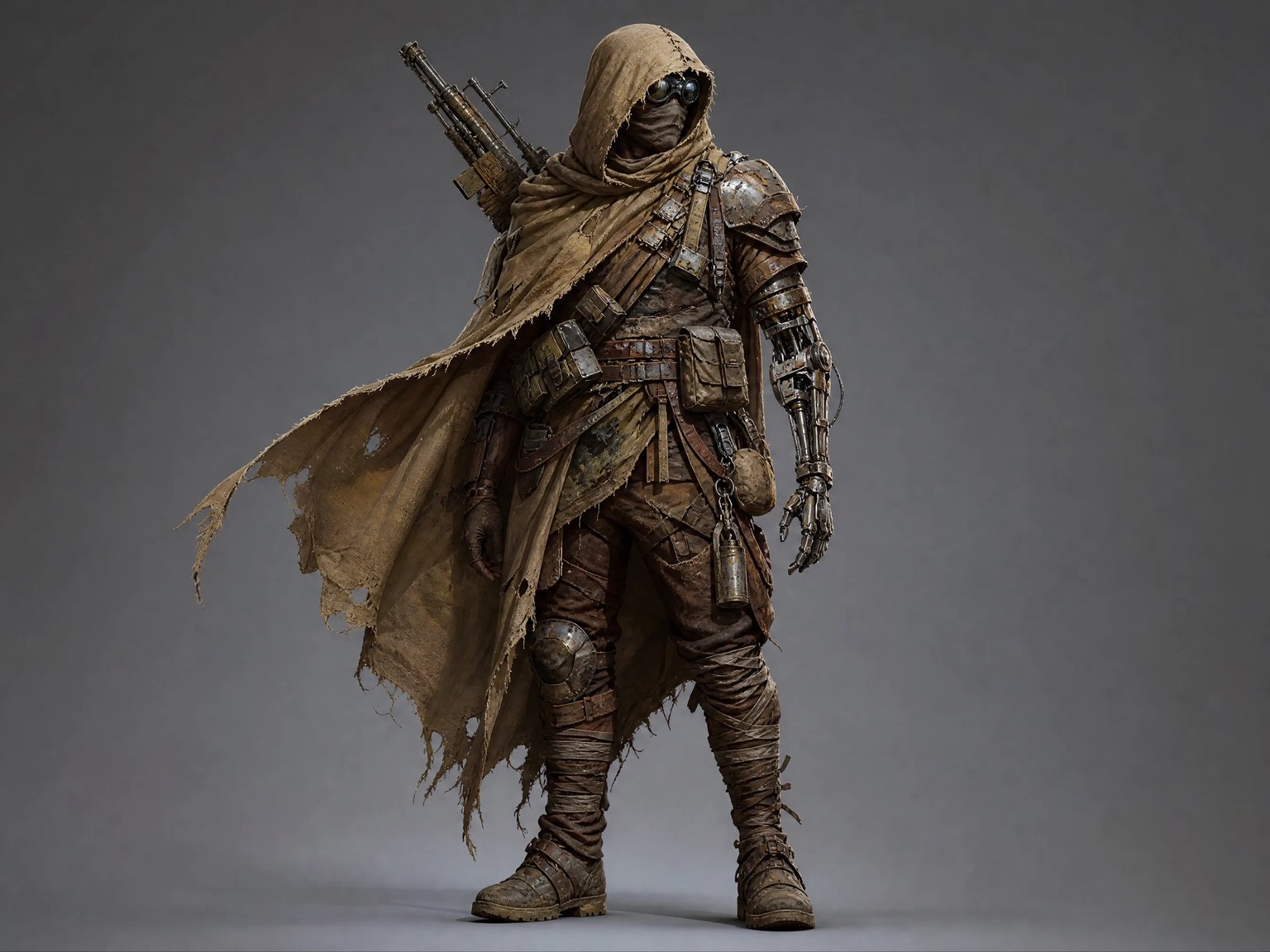 Desert nomad scavenger character concept art with prosthetic arm