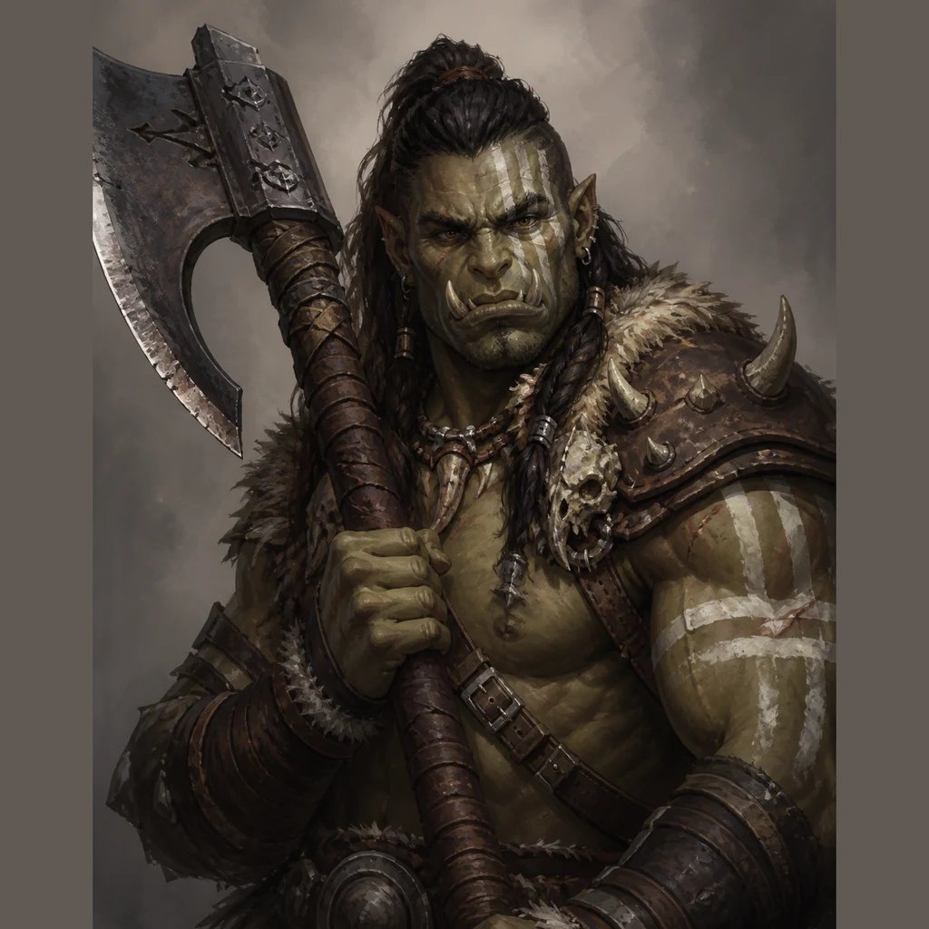 AI-generated D&D half-orc barbarian character portrait
