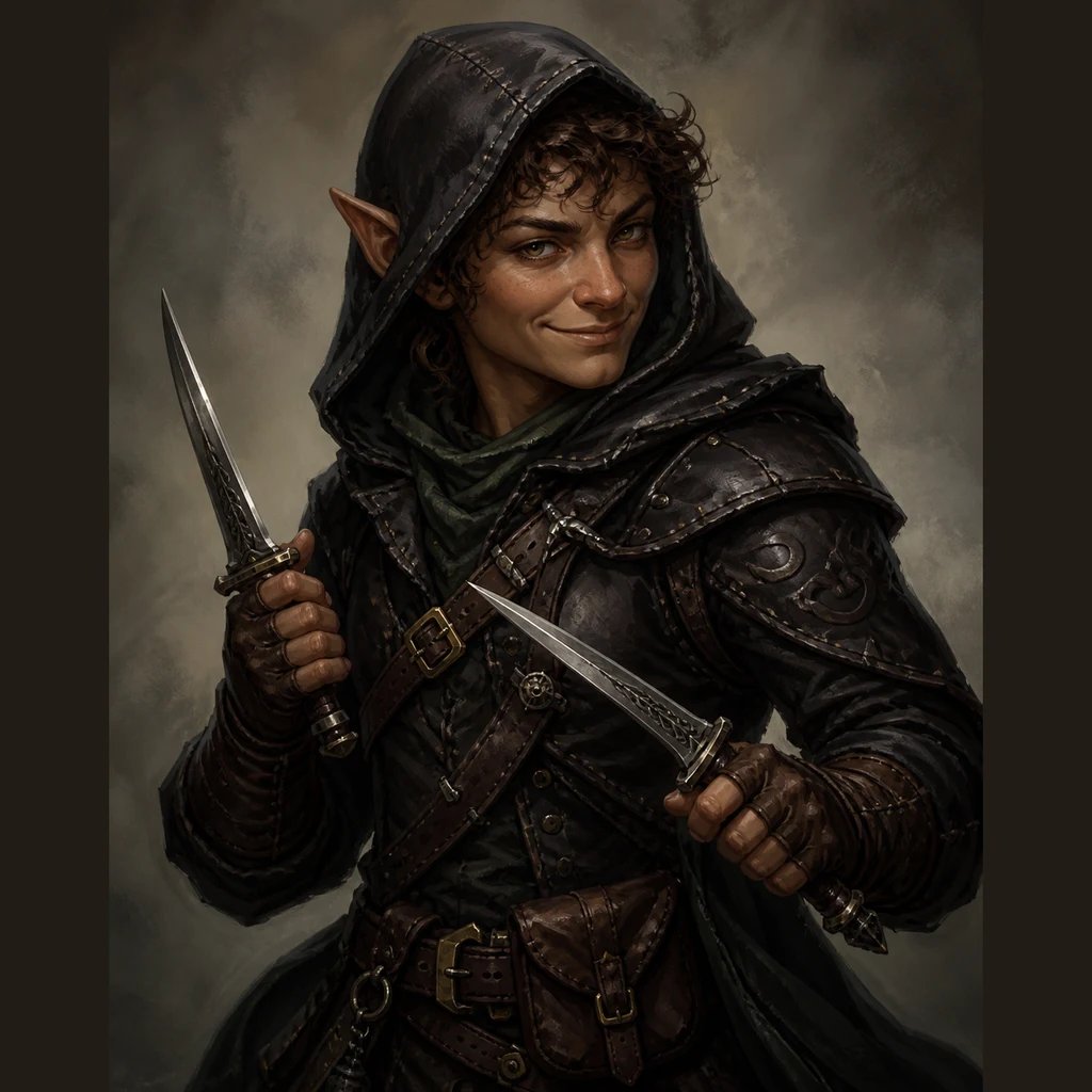 AI-generated D&D halfling rogue character portrait