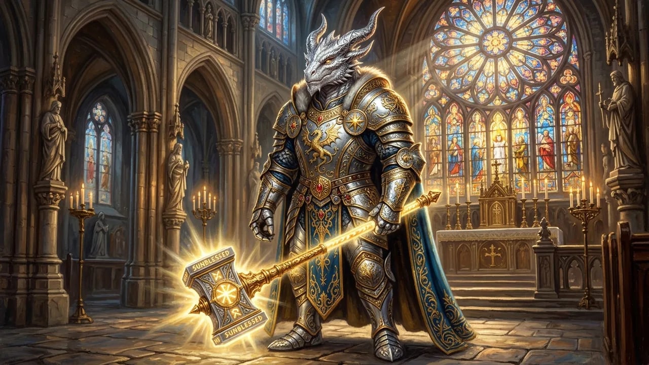 Noble platinum dragonborn paladin in engraved silver plate armor with radiant warhammer