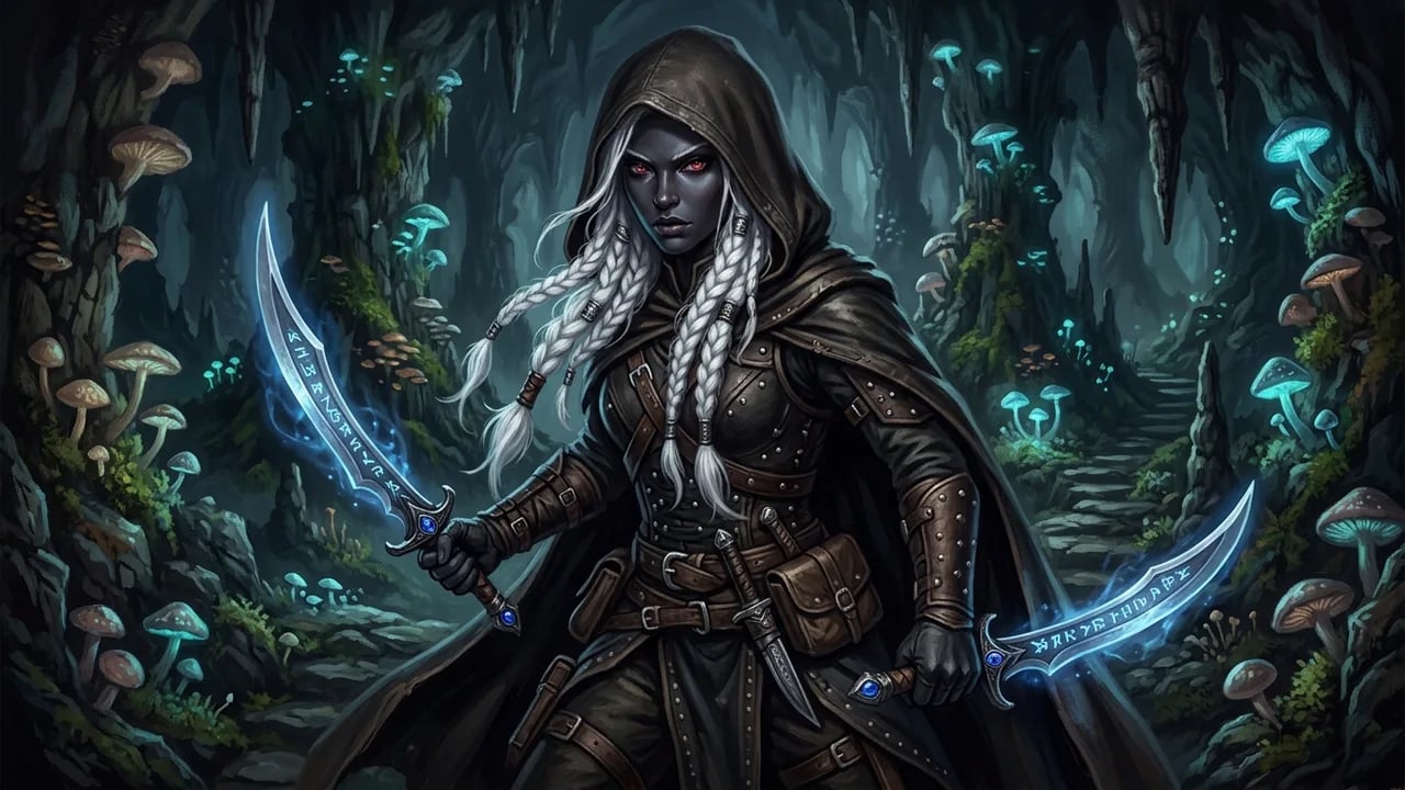Agile drow rogue ranger dual-wielding glowing rune scimitars in bioluminescent cavern