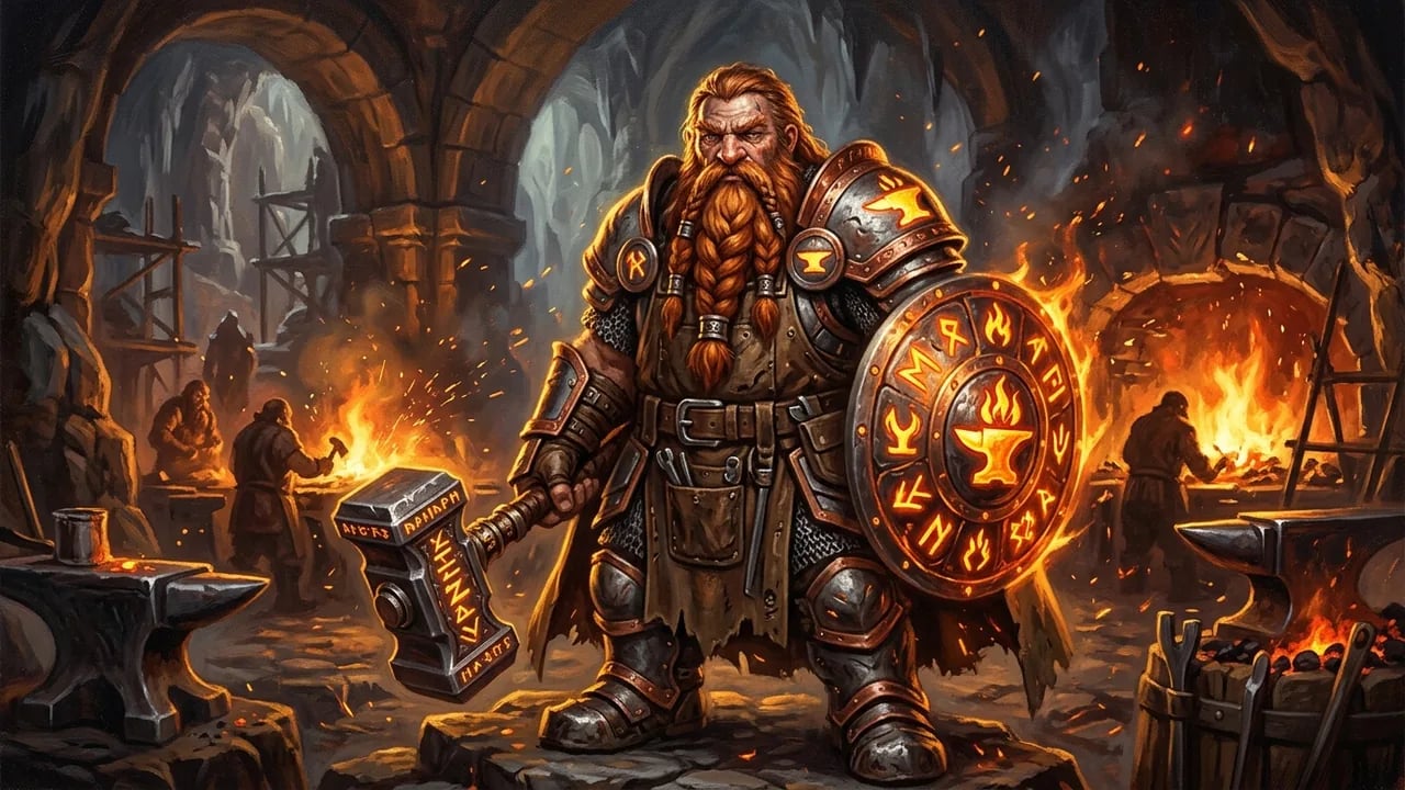 Rugged dwarf forge cleric with glowing runic shield and masterwork blacksmith hammer