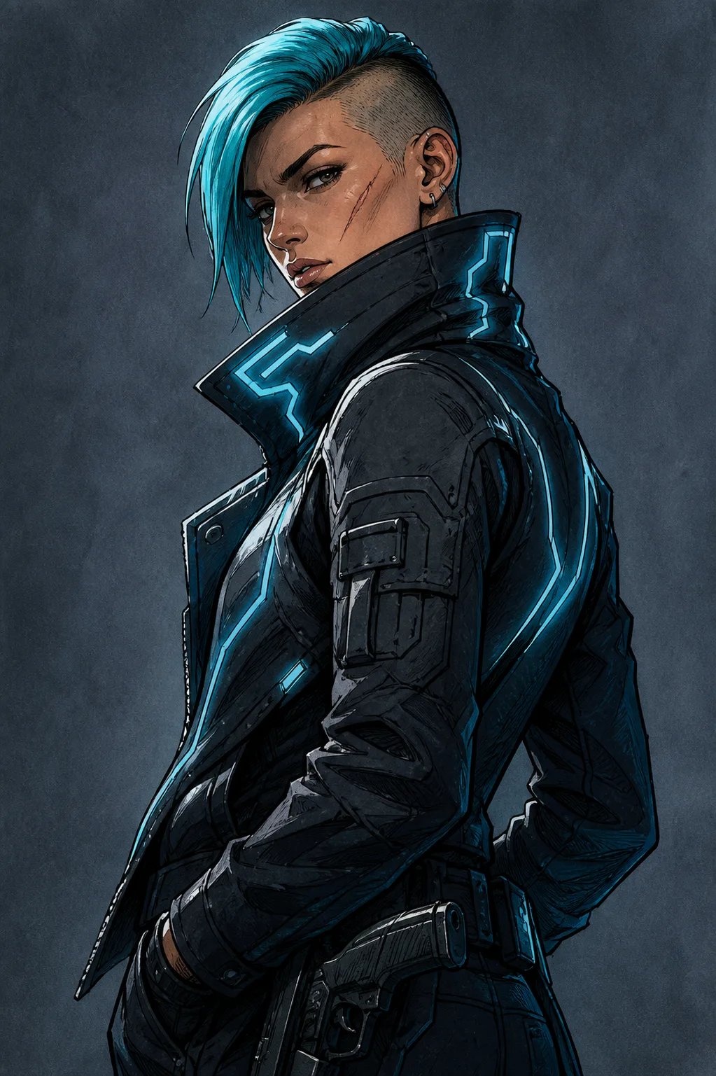 Hand-drawn cyberpunk mercenary character illustration generated from a text prompt