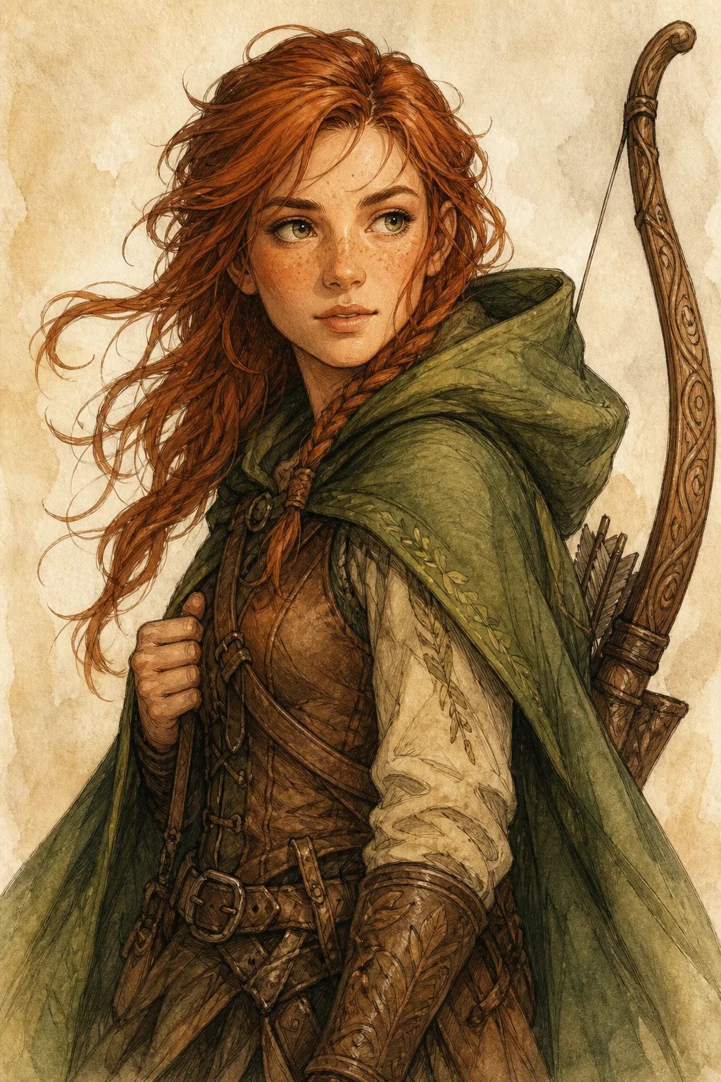 Hand-drawn illustration of an original fantasy ranger character made with the AI drawing generator