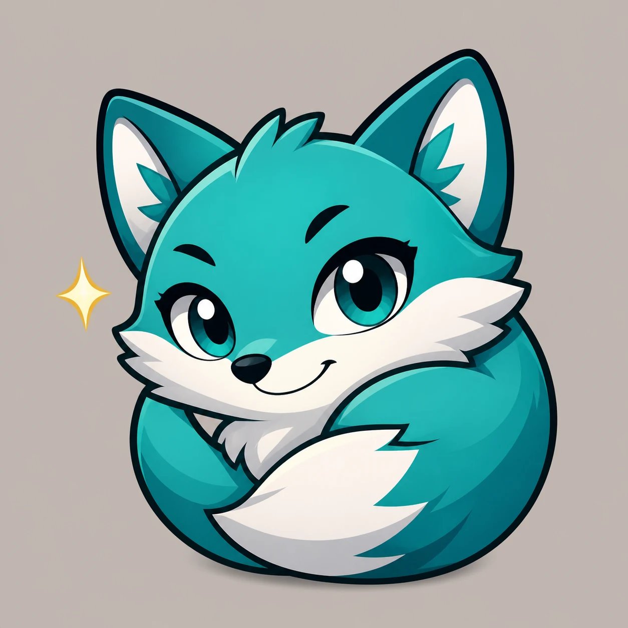 AI-generated polished custom chibi teal-fox mascot emoji on a warm-grey background
