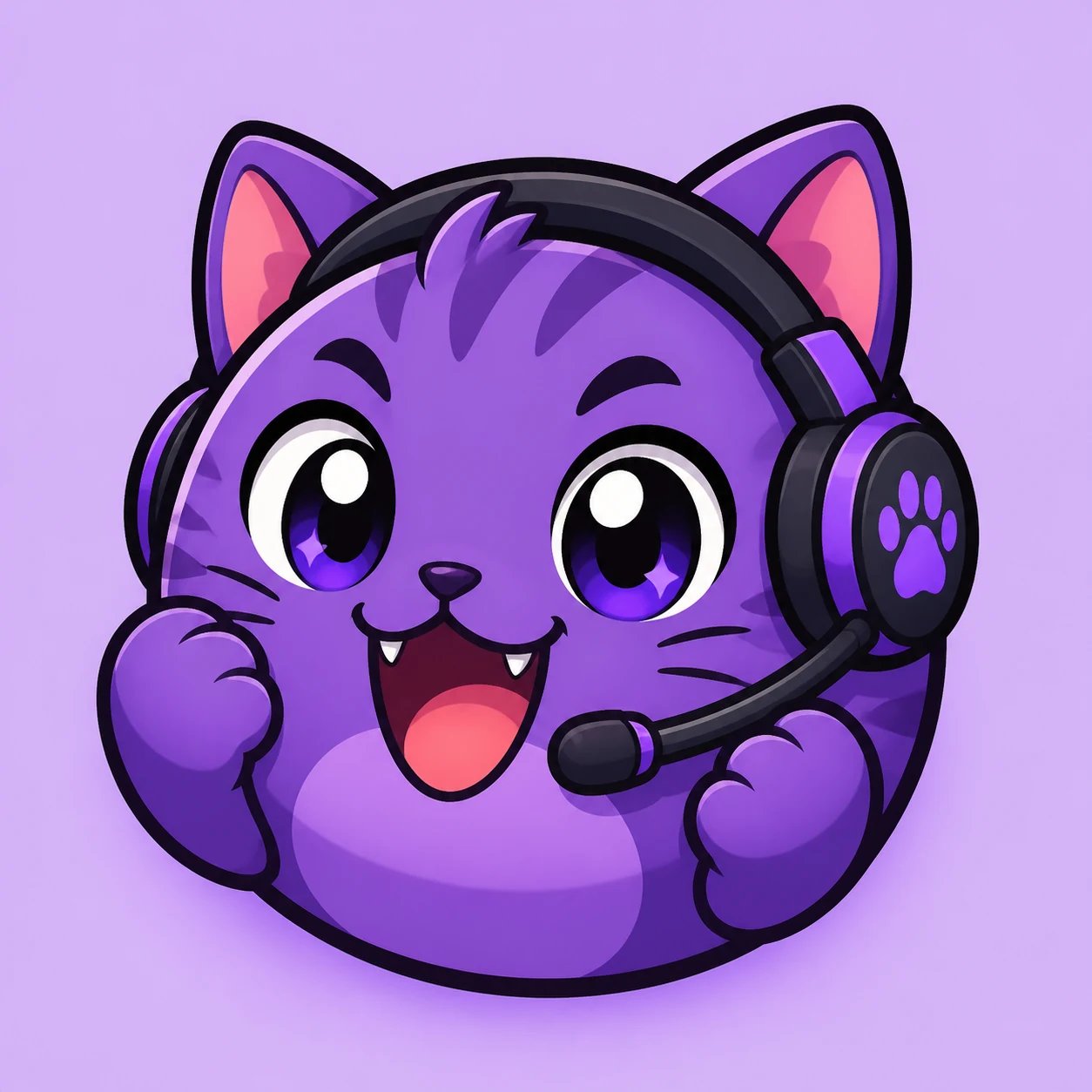 AI-generated custom chibi gaming-cat emoji wearing a headset on a lavender background