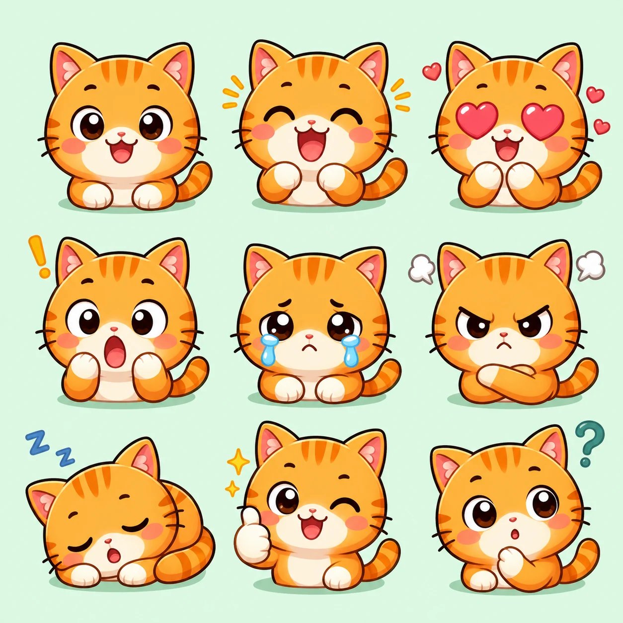 AI-generated set of nine custom chibi orange-cat emoji reactions on a mint background