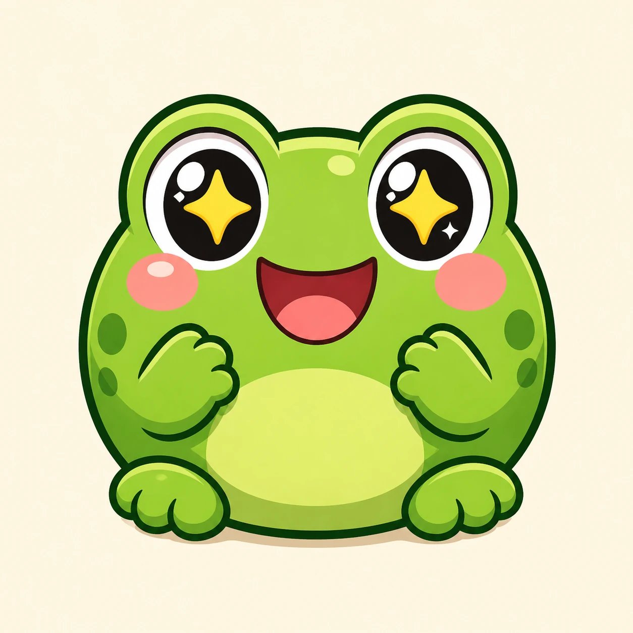 AI-generated custom chibi green-frog mascot emoji with sparkly star eyes