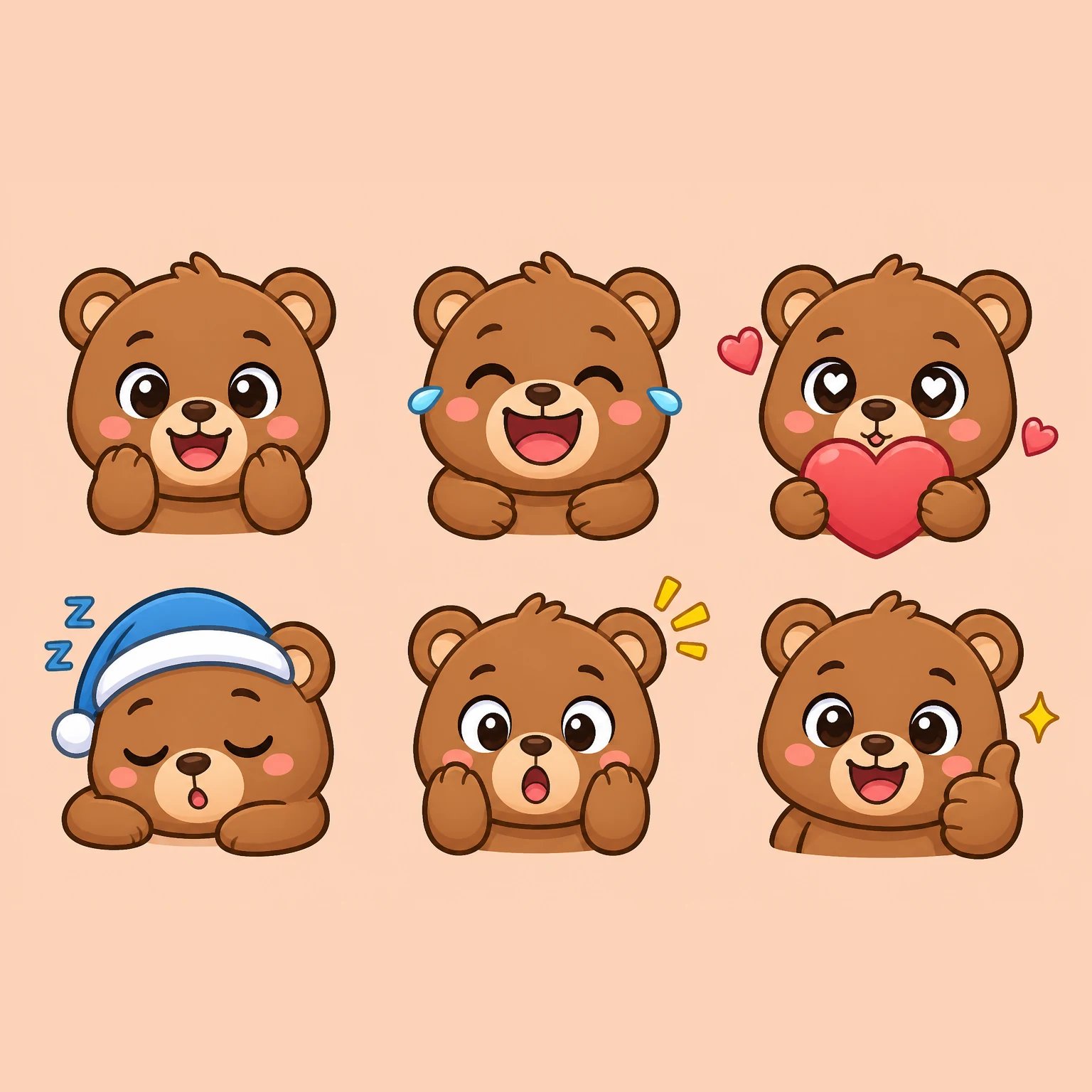 AI-generated set of six custom chibi bear emoji reactions on a peach background