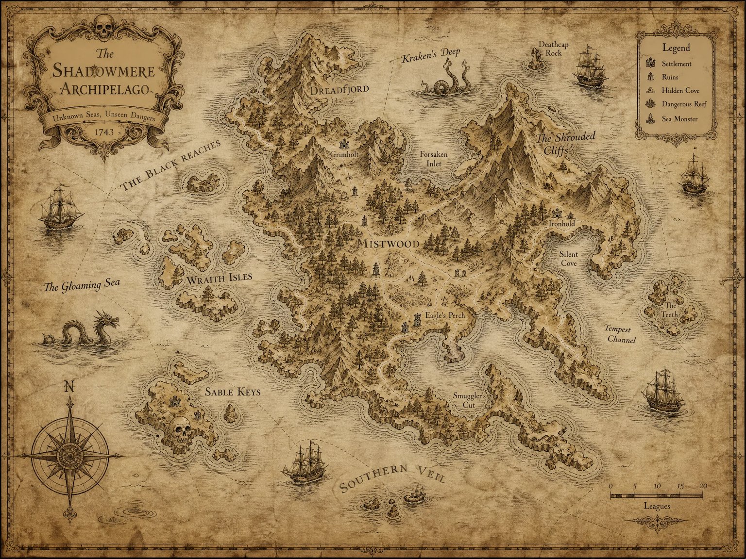 Vintage fantasy archipelago map with coastal fjords and sea serpents