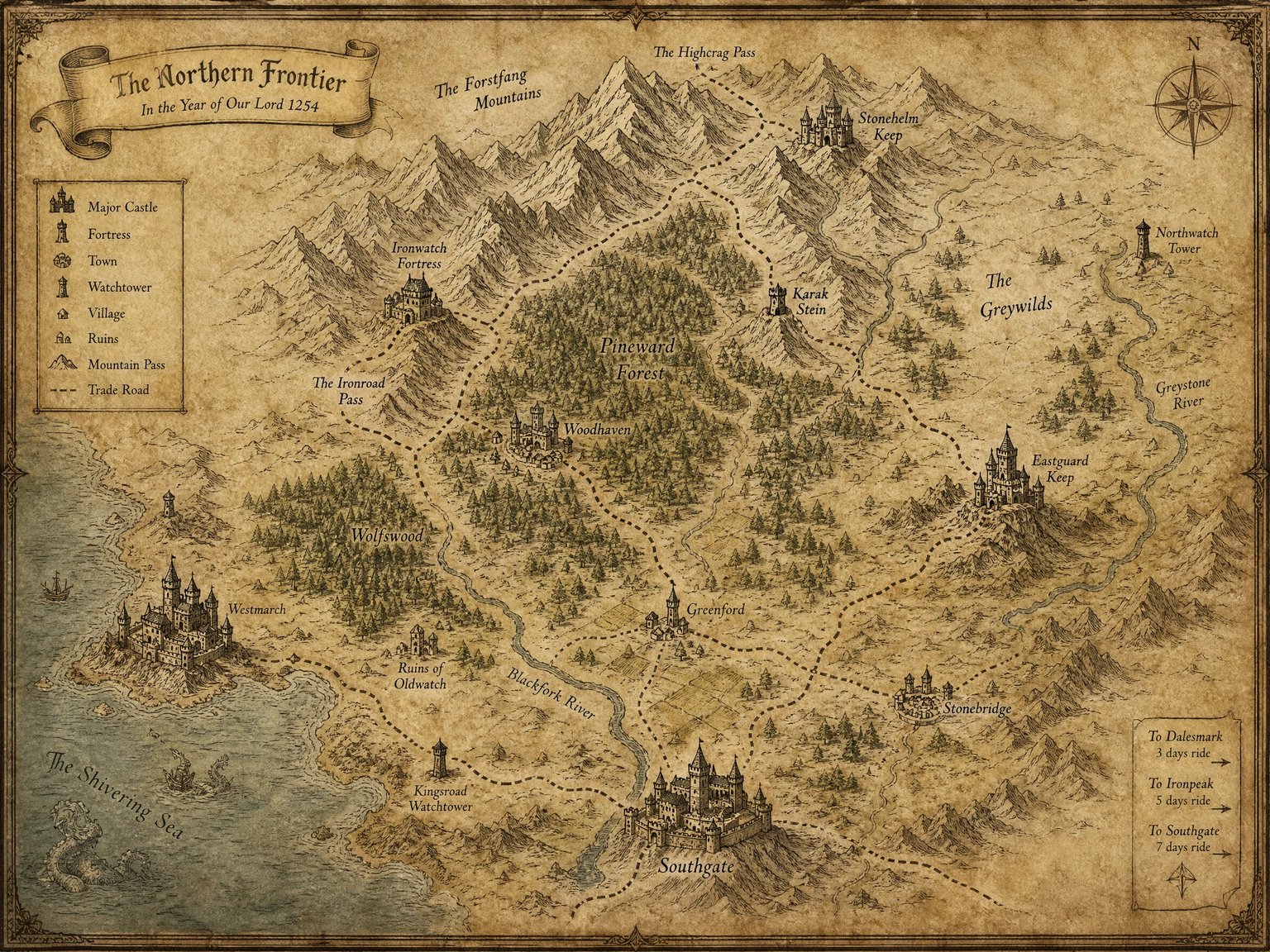 Hand-drawn medieval fantasy realm map with castles and mountain trade roads