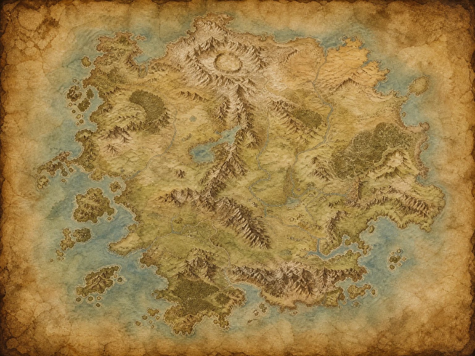 Pristine unlabeled fantasy continent base map ready for custom cartography labels