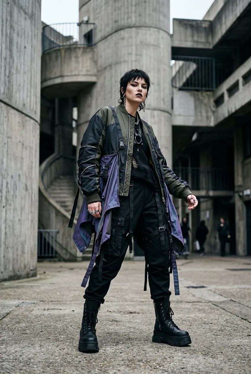 Avant-garde technical streetwear model in an urban concrete courtyard