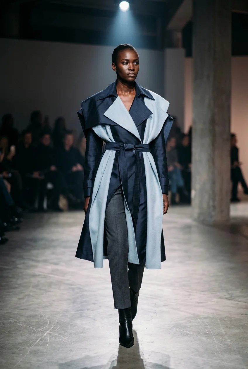 High-fashion runway model walking in an avant-garde trench coat generated by the AI fashion model generator