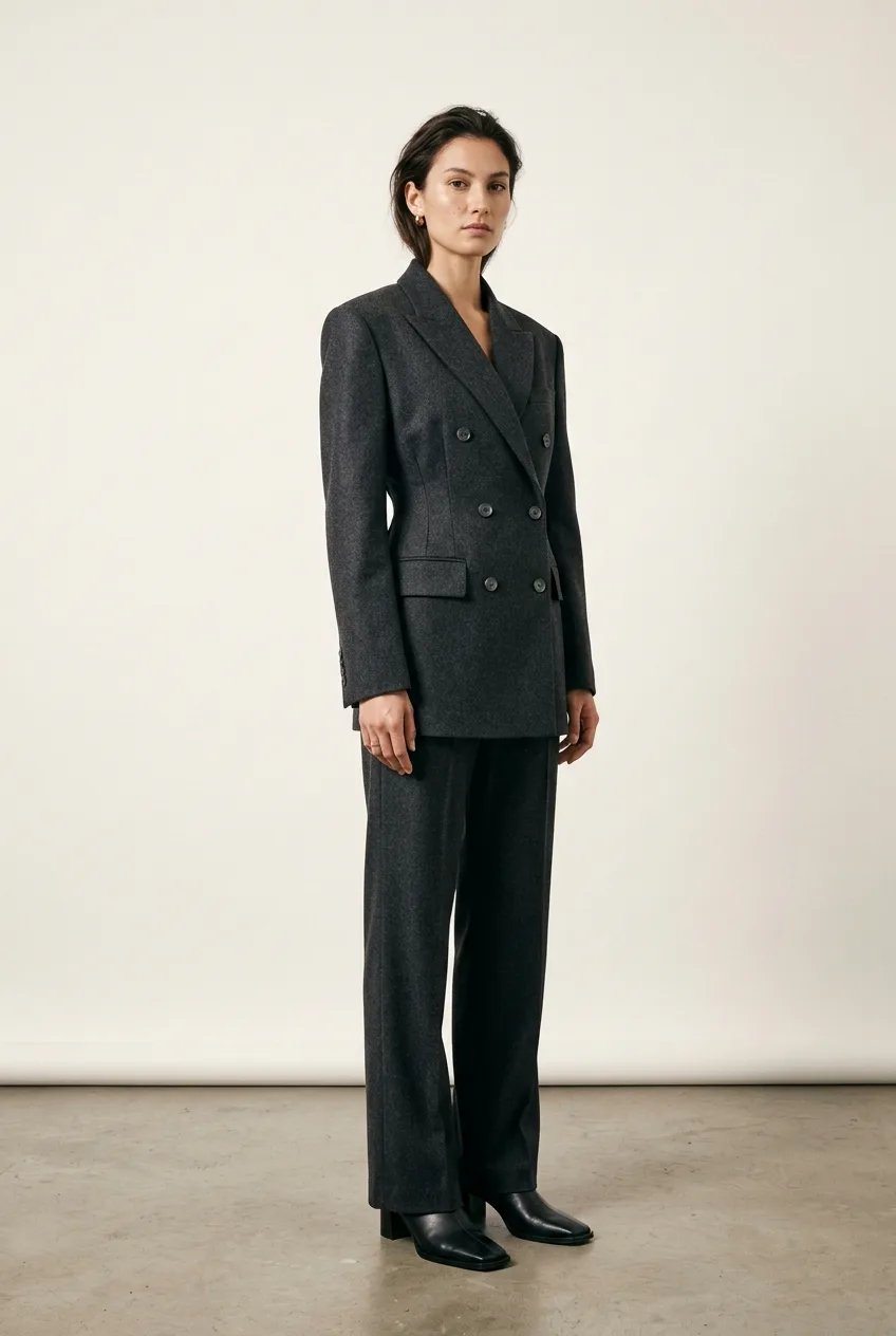 Studio lookbook photograph of a tailored model in a minimalist photo studio