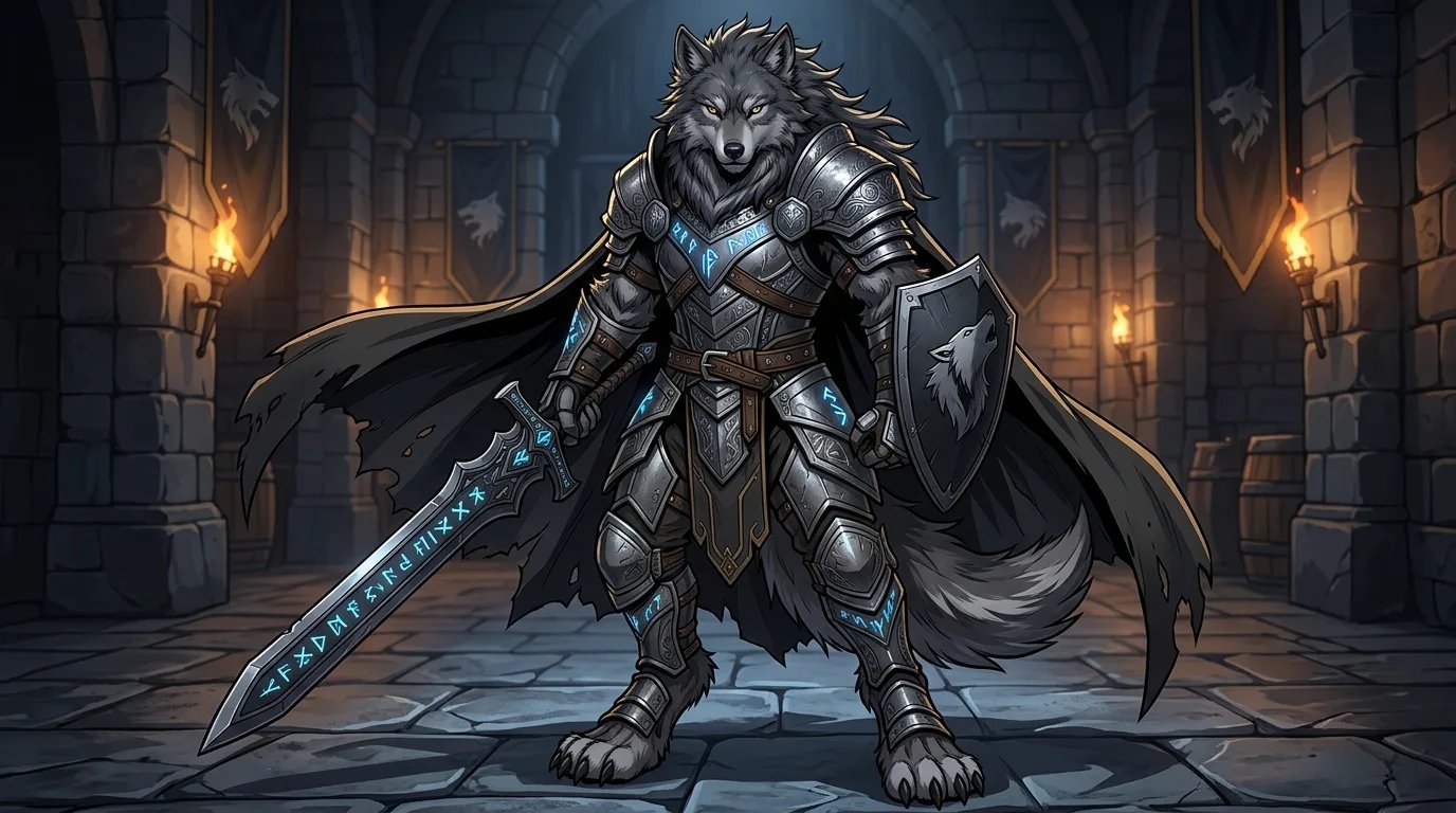 Dark fantasy shadow wolf knight fursona in obsidian armor with glowing runic sword