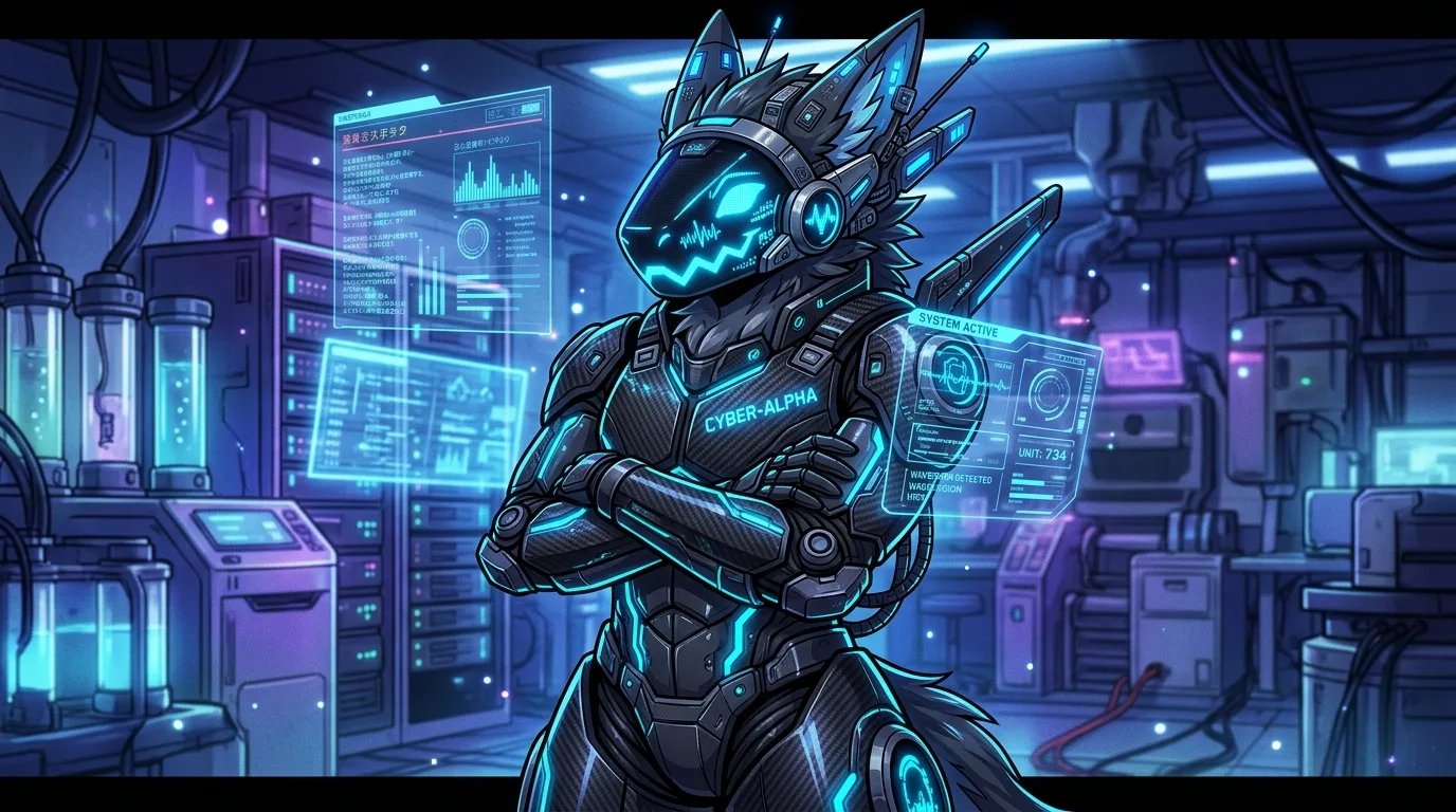 Cyberpunk protogen furry character with curved LED electronic screen visor