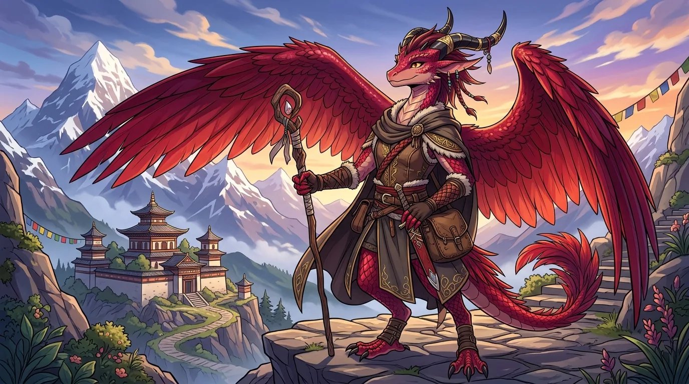 Mythical crimson dragon anthro warrior with sweeping wings and tribal tattoos