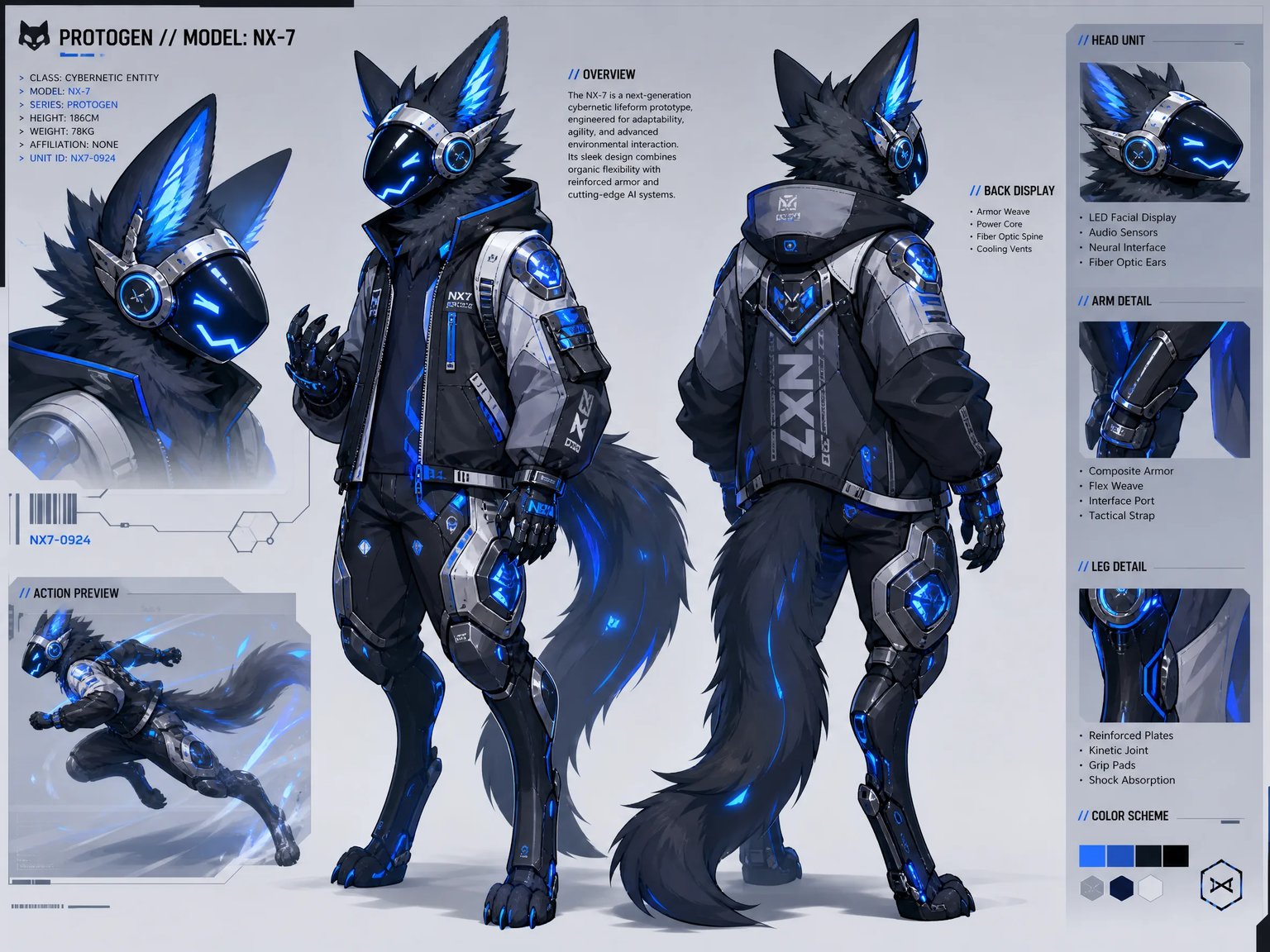 Cybernetic Protogen fursona with glowing neon blue LED visor and composite armor plates