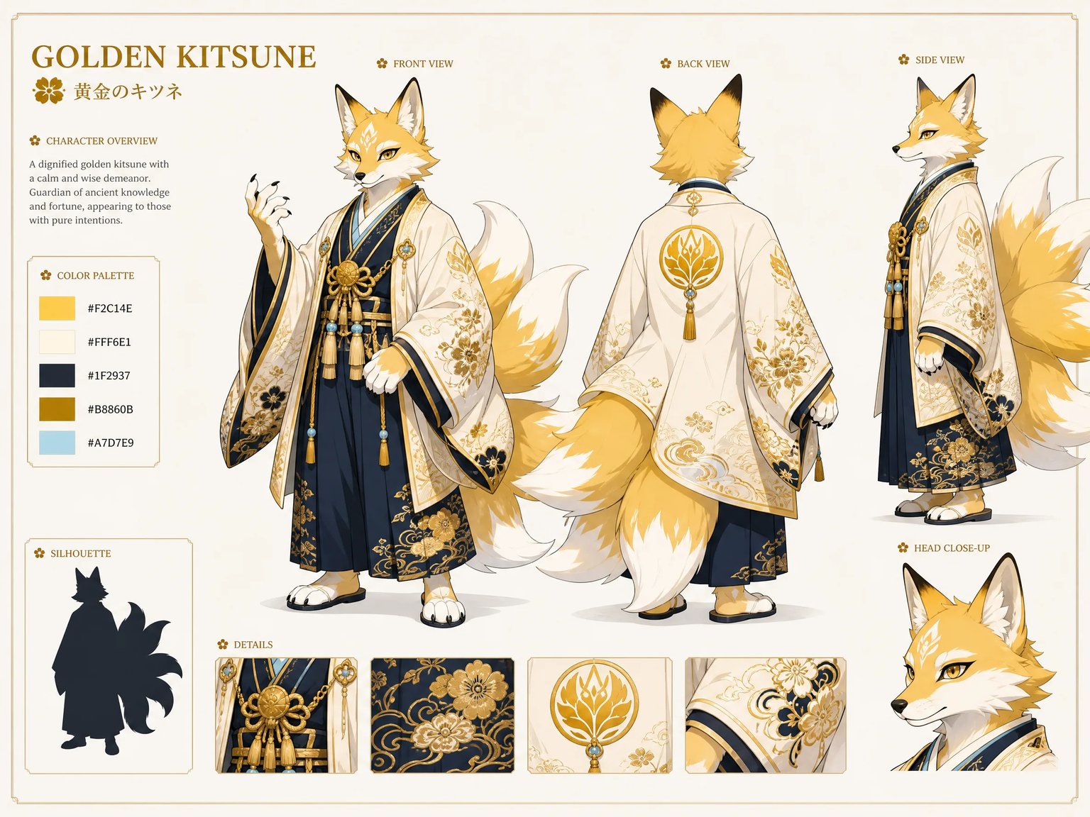 Golden kitsune fox reference sheet with clean flat-color fur markings and color swatch palette