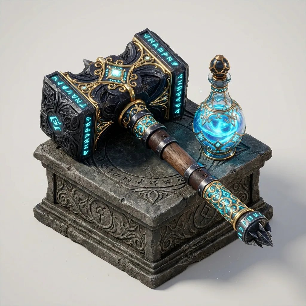 AI game asset generator rendering a legendary runic warhammer and glowing mana potion prop