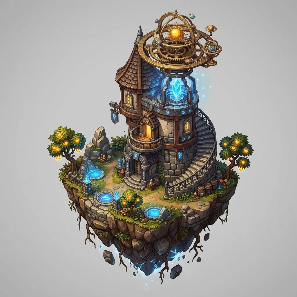 Isometric floating island with fantasy alchemist observatory tower game asset