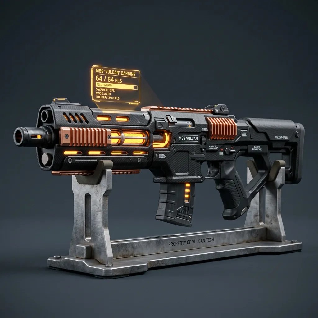High-tech cyberpunk modular rifle weapon prop concept rendered by AI game asset generator
