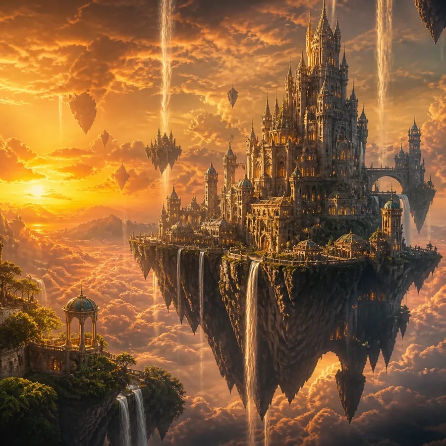 Fantasy concept art of a floating castle at sunset