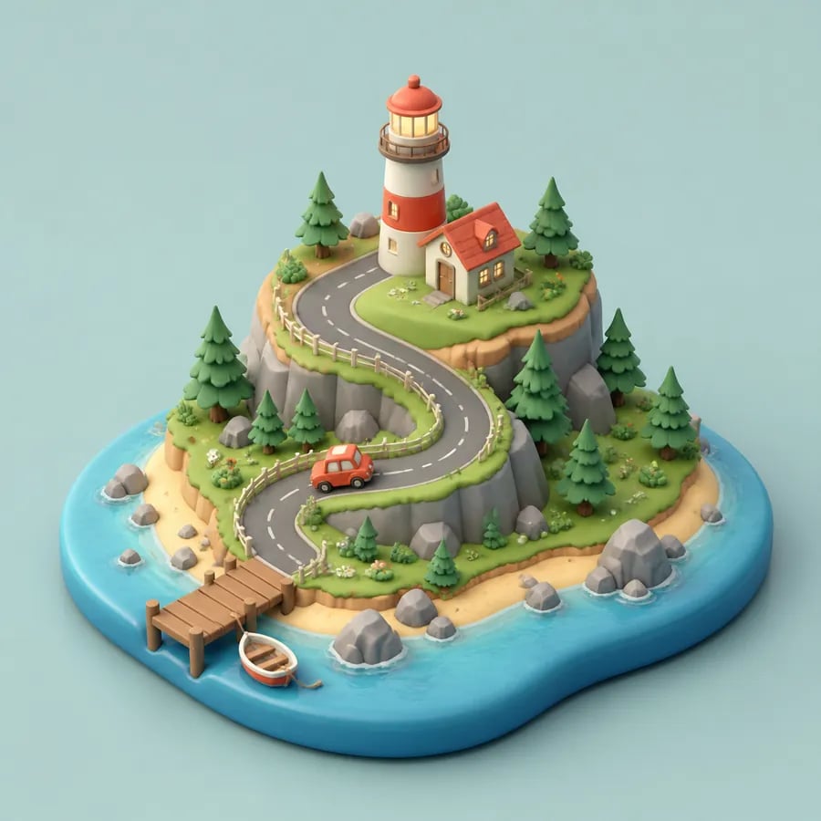 Isometric 3D miniature island with a lighthouse